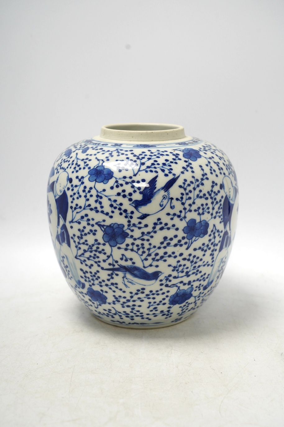 A 19th century Chinese blue and white 'boys' jar (without cover). 19cm high. Condition - good